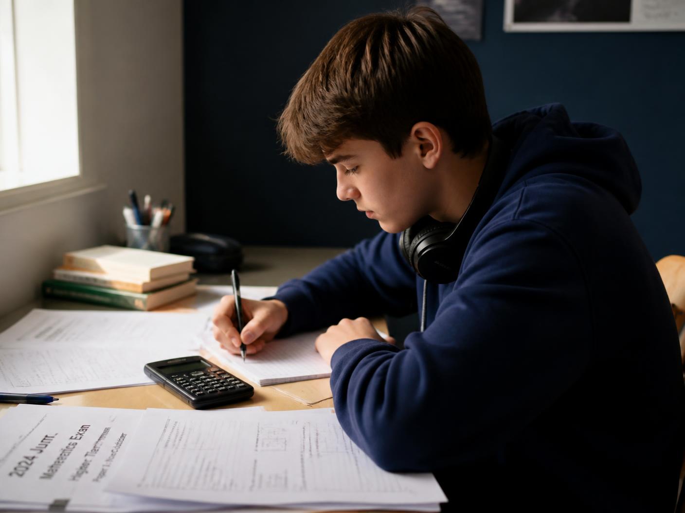 Aluno do ensino secundário a resolver exames anteriores de Matemática na sua mesa de estudo
