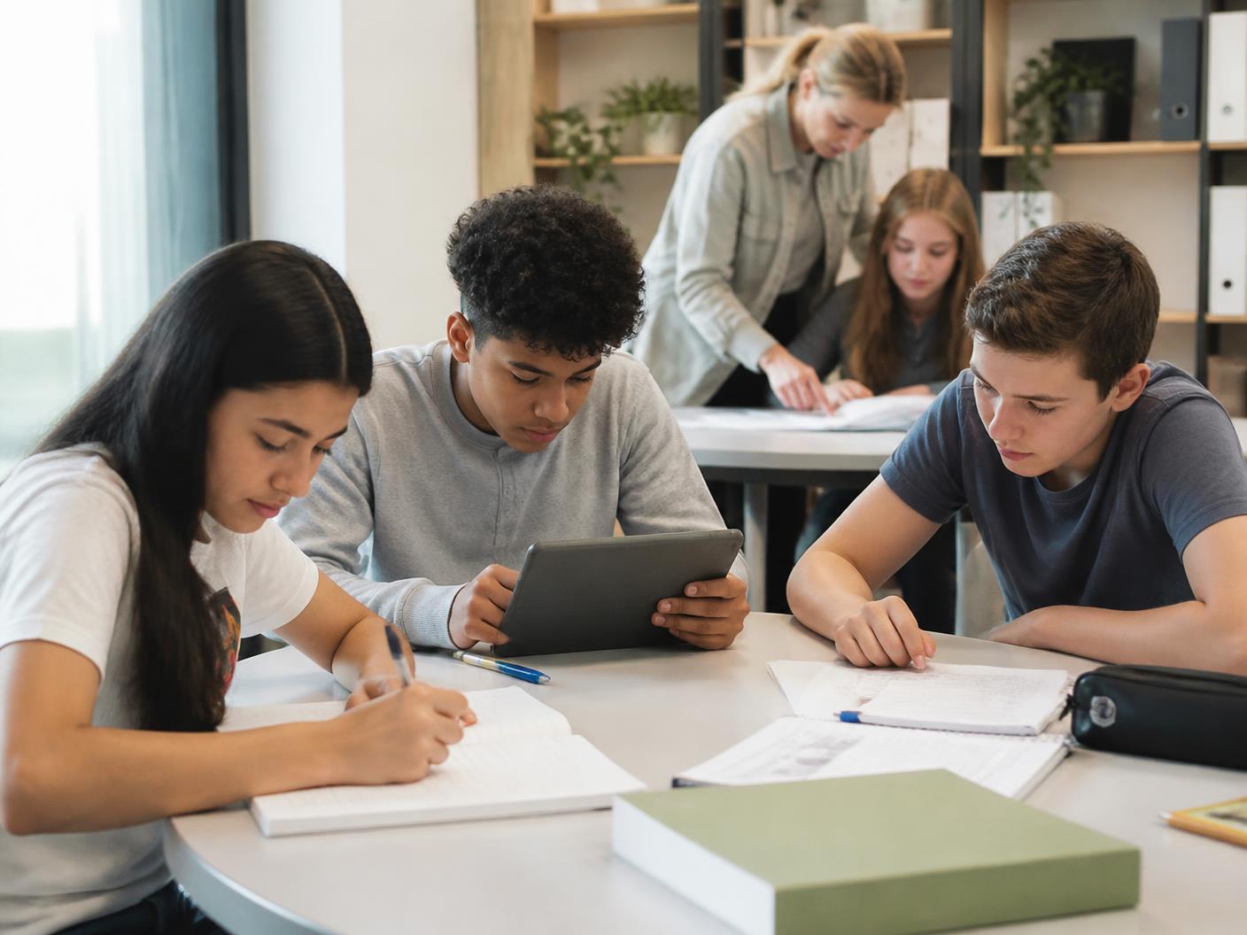 Pequeno grupo de alunos a resolver exercícios com apoio de uma professora numa sala de estudo moderna